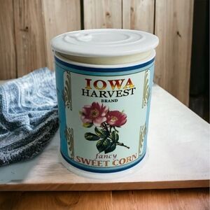 Canister with Lid Round Iowa Harvest Sweet Corn Print Glazed Ceramic Can w/ Lid